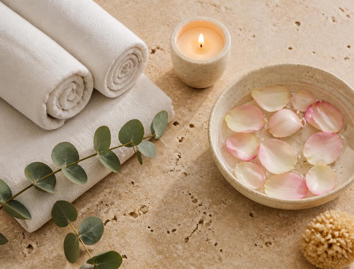 Rolled linen towels, candle and botanicals on travertine