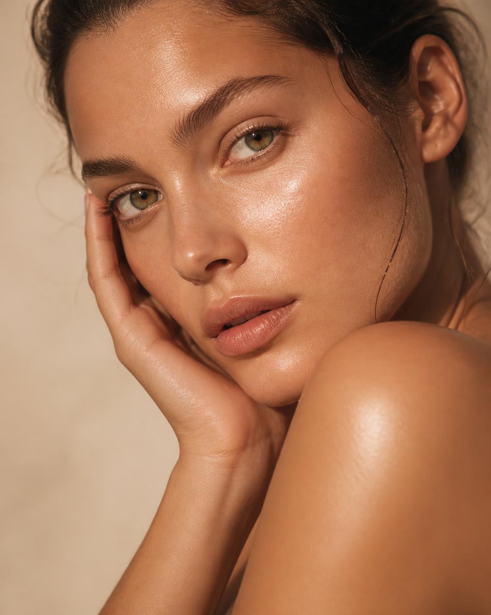 Close-up beauty portrait with luminous, healthy-looking skin