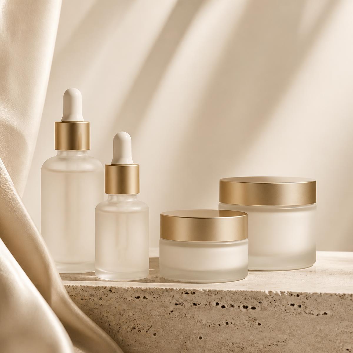 Luxury skincare bottles and jars on a stone plinth
