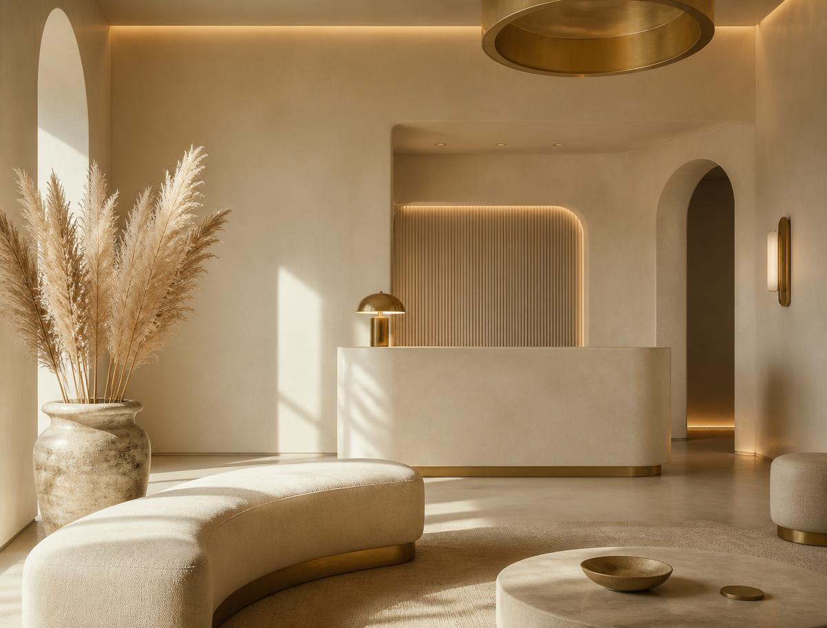Boutique spa reception lounge in warm neutral tones