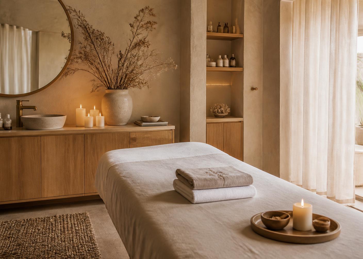 Warm, minimal treatment room with linen bed, candles and dried botanicals