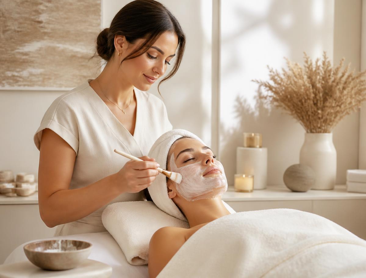 Esthetician applying a facial mask to a relaxed guest